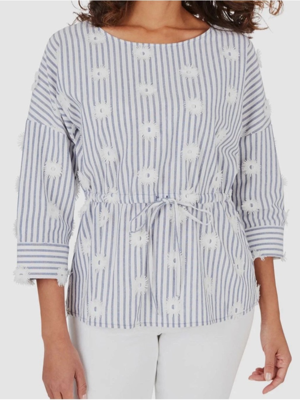 Foxcroft Blue and White Striped Tie-Waist Embroidered Blouse